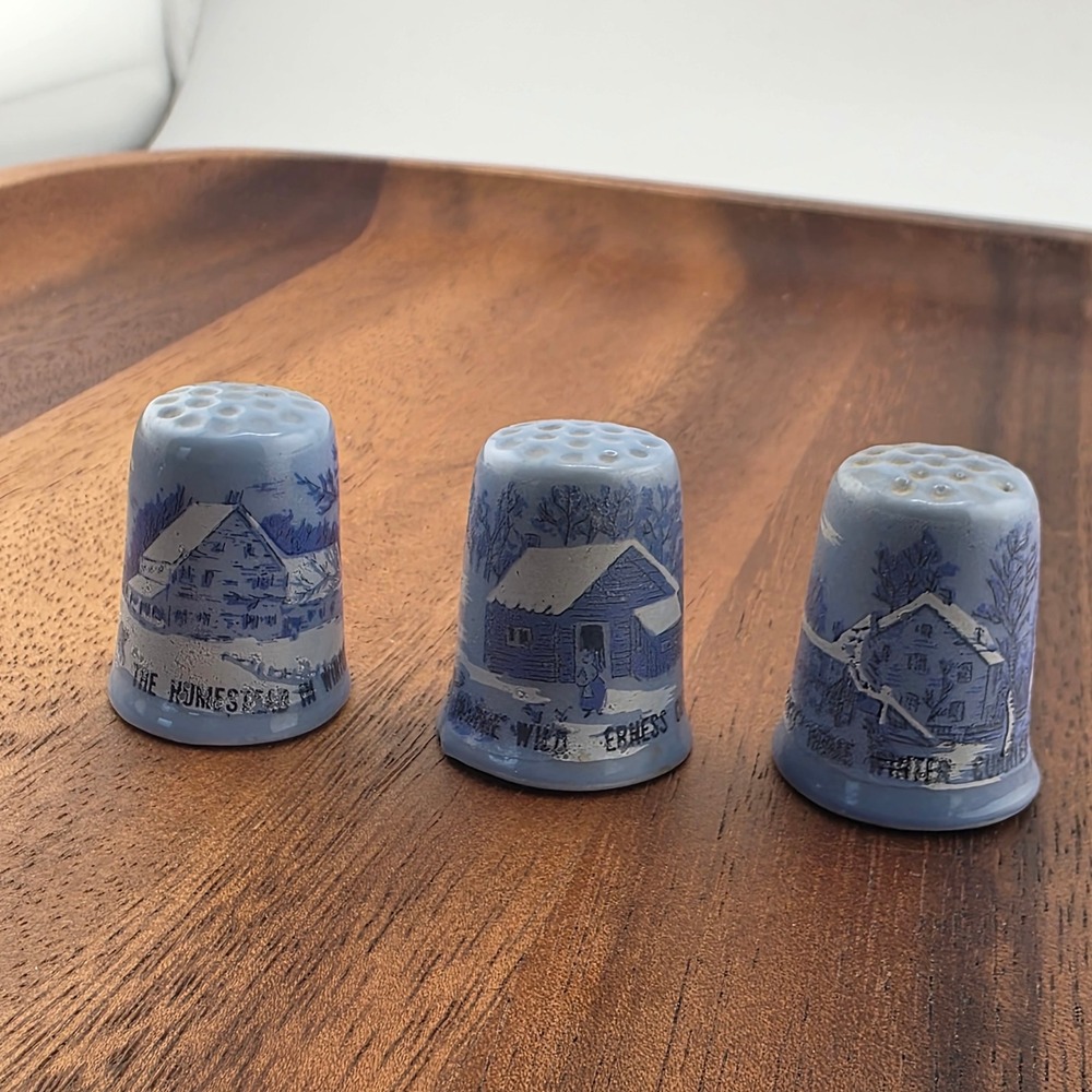Vintage currier & ives Cabin Home Thimbles Set of 3 Blue Ceramic sew Collectible